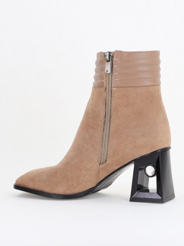 Botine elegante de damă cu toc, din piele ecologică întoarsă, cu fermoar - culoare Taupe BS8651BT2409848 124