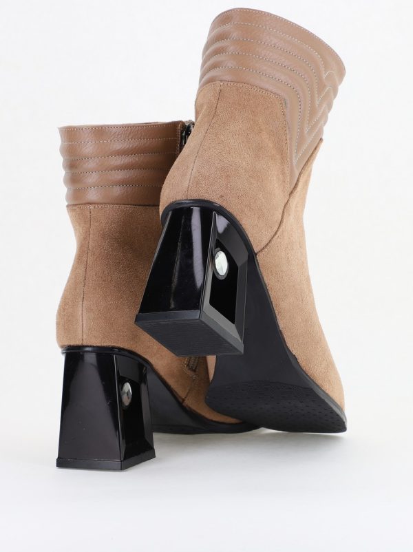 Botine elegante de damă cu toc, din piele ecologică întoarsă, cu fermoar - culoare Taupe BS8651BT2409848 125