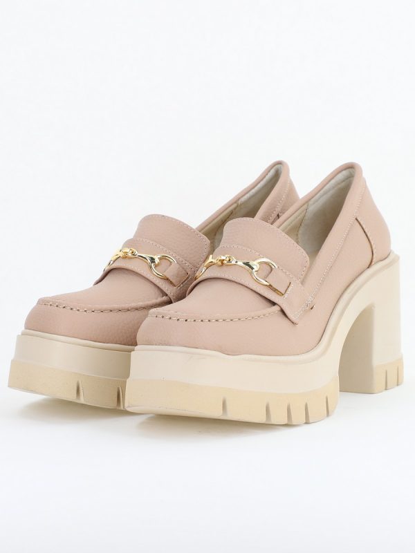 Pantofi Damă Casual cu Toc Tip Loafer din Piele Ecologică Bej Mat- BS604AY2409915 120