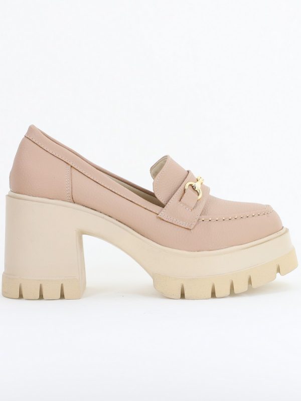 Pantofi Damă Casual cu Toc Tip Loafer din Piele Ecologică Bej Mat- BS604AY2409915 122