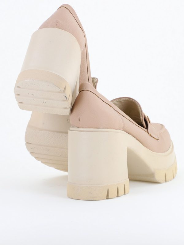 Pantofi Damă Casual cu Toc Tip Loafer din Piele Ecologică Bej Mat- BS604AY2409915 125