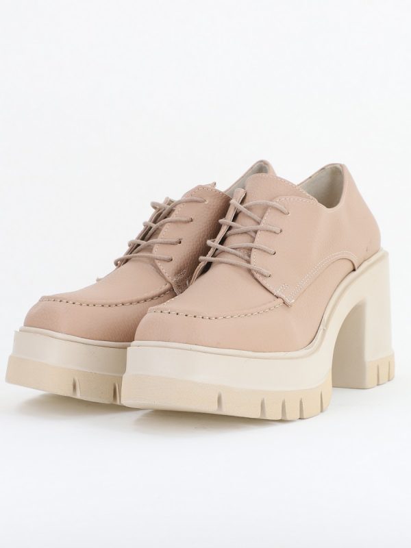 Pantofi Damă Casual cu Toc Tip Loafer din Piele Ecologică Bej Mat BS602AY2409908 119