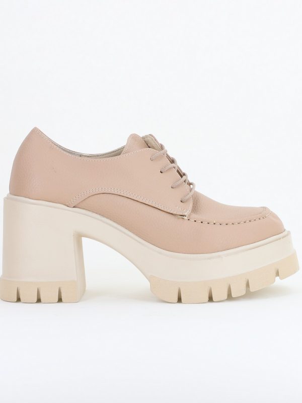 Pantofi Damă Casual cu Toc Tip Loafer din Piele Ecologică Bej Mat BS602AY2409908 120