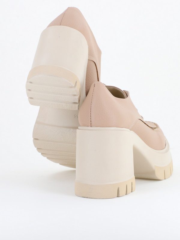 Pantofi Damă Casual cu Toc Tip Loafer din Piele Ecologică Bej Mat BS602AY2409908 122
