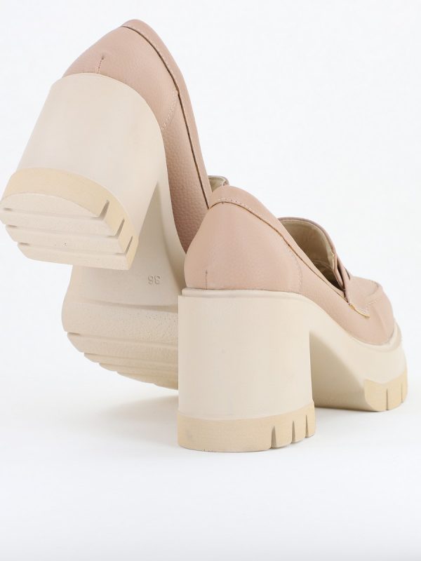 Pantofi Damă Casual cu Toc Tip Loafer din Piele Ecologică Bej Mat- BS608AY2409901 122