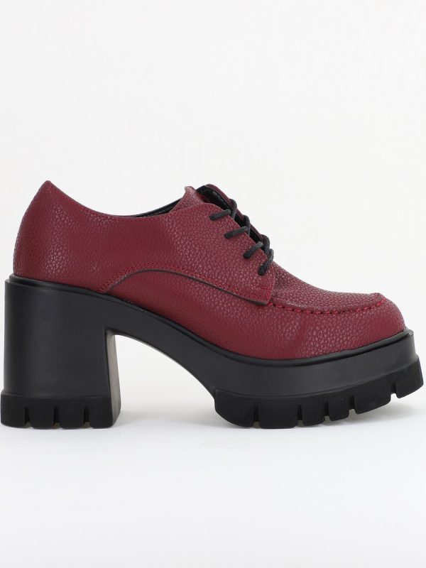 Pantofi Damă Casual cu Toc Tip Loafer din Piele Ecologică Bordo Mat BS602AY2409905 120
