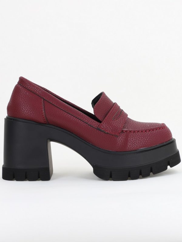 Pantofi Damă Casual cu Toc Tip Loafer din Piele Ecologică Bordo mat- BS608AY2409899 120