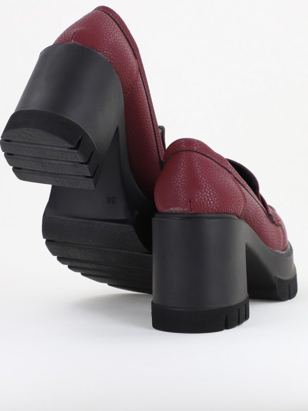 Pantofi Damă Casual cu Toc Tip Loafer din Piele Ecologică Bordo mat- BS608AY2409899 122