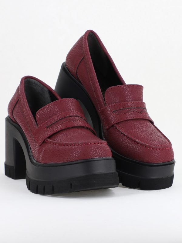 Pantofi Damă Casual cu Toc Tip Loafer din Piele Ecologică Bordo mat- BS608AY2409899 123