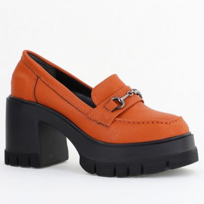Pantofi Damă Casual cu Toc Tip Loafer din Piele Ecologică Maro Mat- BS604AY2409914