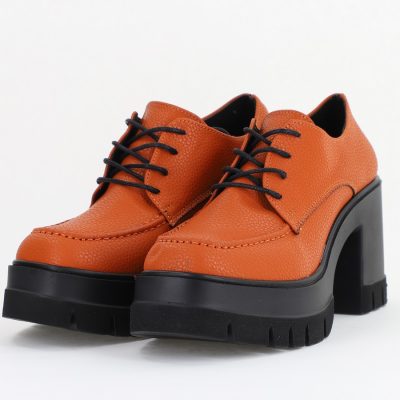 Pantofi Damă Casual cu Toc Tip Loafer din Piele Ecologică Maro Mat BS602AY2409907