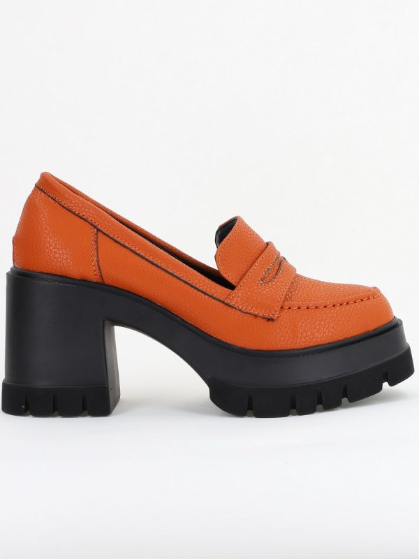 Pantofi Damă Casual cu Toc Tip Loafer din Piele Ecologică Maro Lac - BS608AY2409897 120