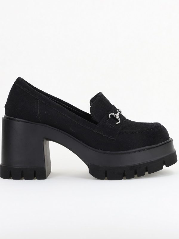 Pantofi Damă Casual cu Toc Tip Loafer din Piele Ecologică Negru catifelat- BS604AY2409911 122