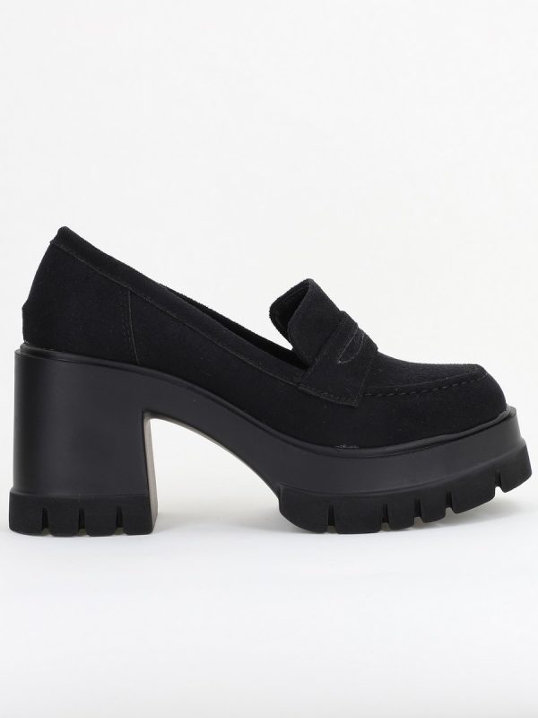 Pantofi Damă Casual cu Toc Tip Loafer din Piele Ecologică Negru Catifelat - BS608AY2409898 120