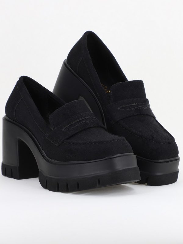 Pantofi Damă Casual cu Toc Tip Loafer din Piele Ecologică Negru Catifelat - BS608AY2409898 123
