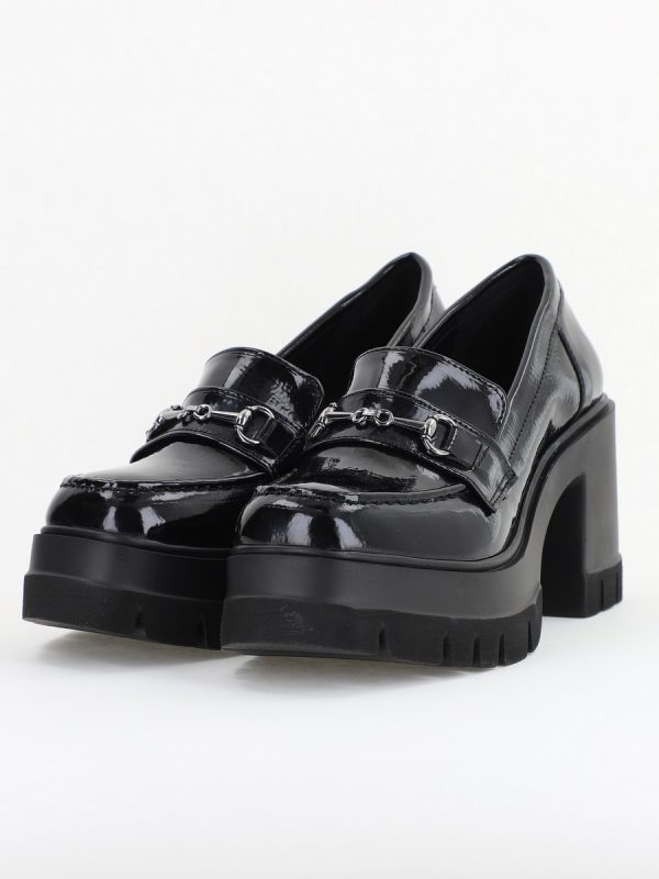 Pantofi Damă Casual cu Toc Tip Loafer din Piele Ecologică Negru Lac 120