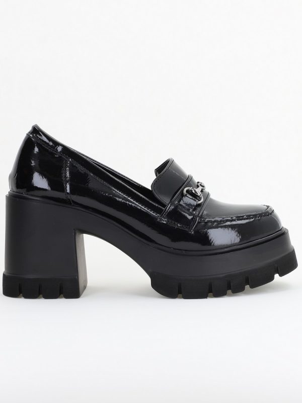 Pantofi Damă Casual cu Toc Tip Loafer din Piele Ecologică Negru Lac 122
