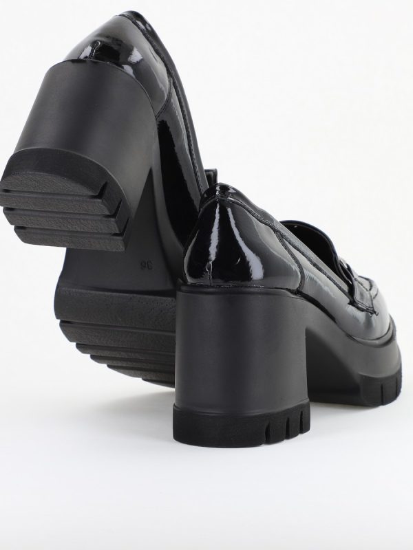 Pantofi Damă Casual cu Toc Tip Loafer din Piele Ecologică Negru Lac 125