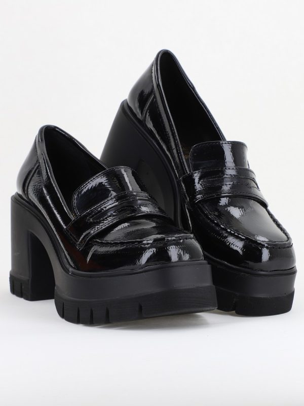 Pantofi Damă Casual cu Toc Tip Loafer din Piele Ecologică Negru Lac - BS608AY2409896 123