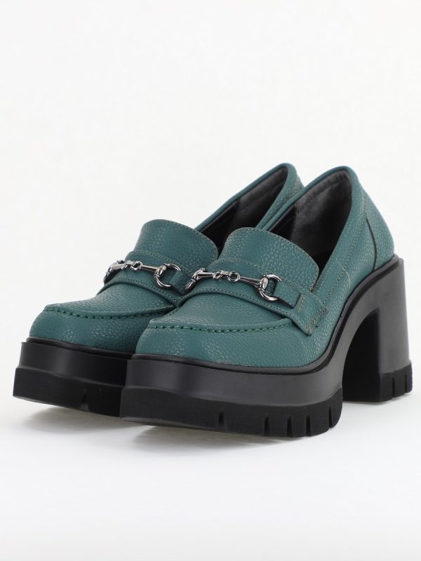 Pantofi Damă Casual cu Toc Tip Loafer din Piele Ecologică Verde Petrol Mat- BS604AY2409912 120