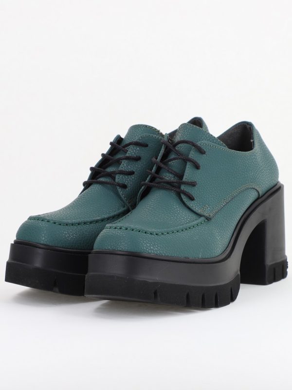 Pantofi Damă Casual cu Toc Tip Loafer din Piele Ecologică Verde petrol Mat BS602AY2409906 119
