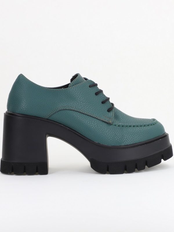 Pantofi Damă Casual cu Toc Tip Loafer din Piele Ecologică Verde petrol Mat BS602AY2409906 120