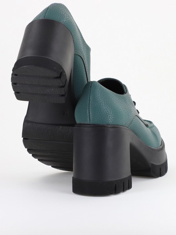 Pantofi Damă Casual cu Toc Tip Loafer din Piele Ecologică Verde petrol Mat BS602AY2409906 122
