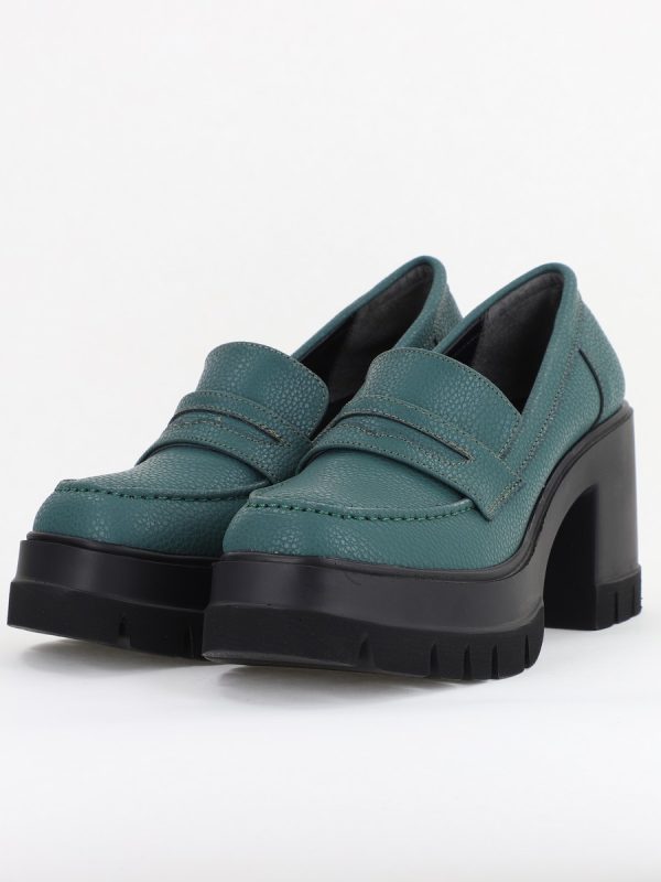 Pantofi Damă Casual cu Toc Tip Loafer din Piele Ecologică Verde Petrol Mat- BS608AY2409900 119