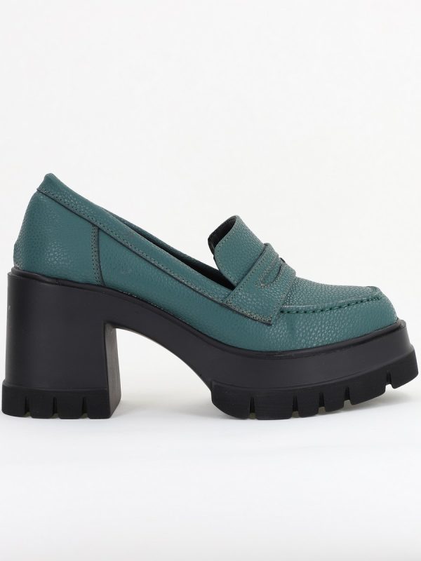 Pantofi Damă Casual cu Toc Tip Loafer din Piele Ecologică Verde Petrol Mat- BS608AY2409900 120