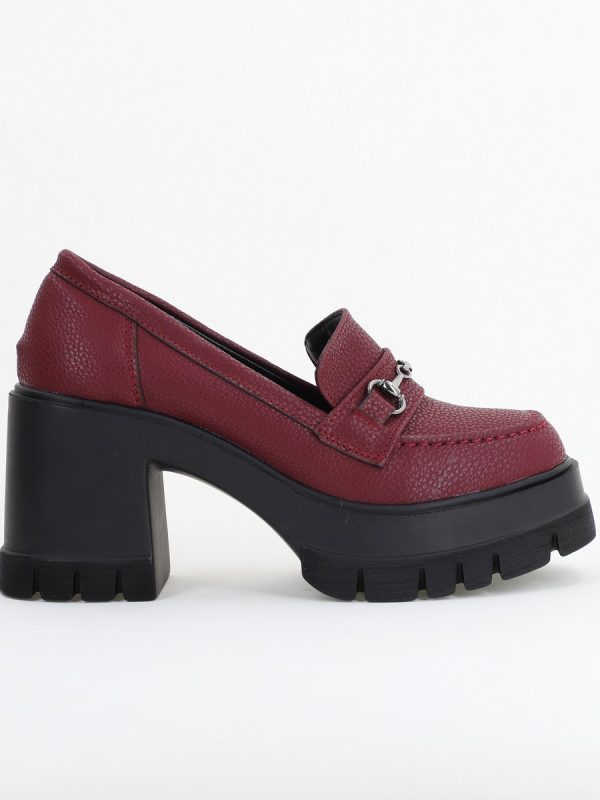 Pantofi Damă Casual cu Toc Tip Loafer din Piele Ecologică Bordo Mat- BS604AY2409913 122