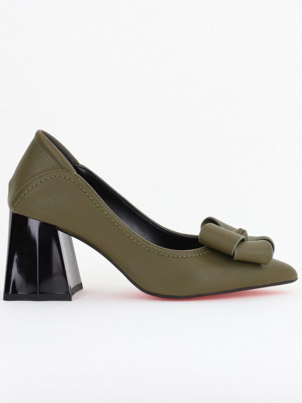 Pantofi Damă cu Toc din Piele Ecologică cu fundiță verde kaki mat (BS2000D2409806) 120