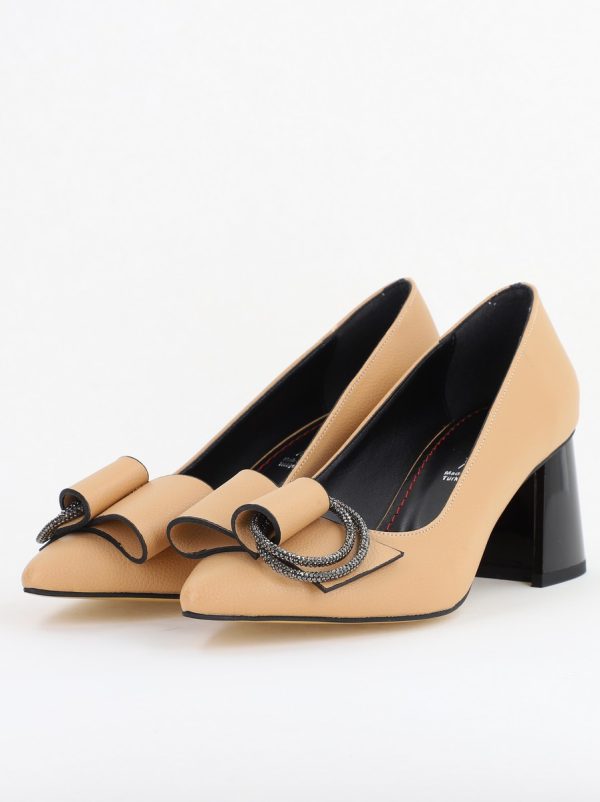 Pantofi Damă cu Toc Gros Piele Ecologică cu Pietricele Varf Ascutit culoare bej - BS4021AY2409890 119