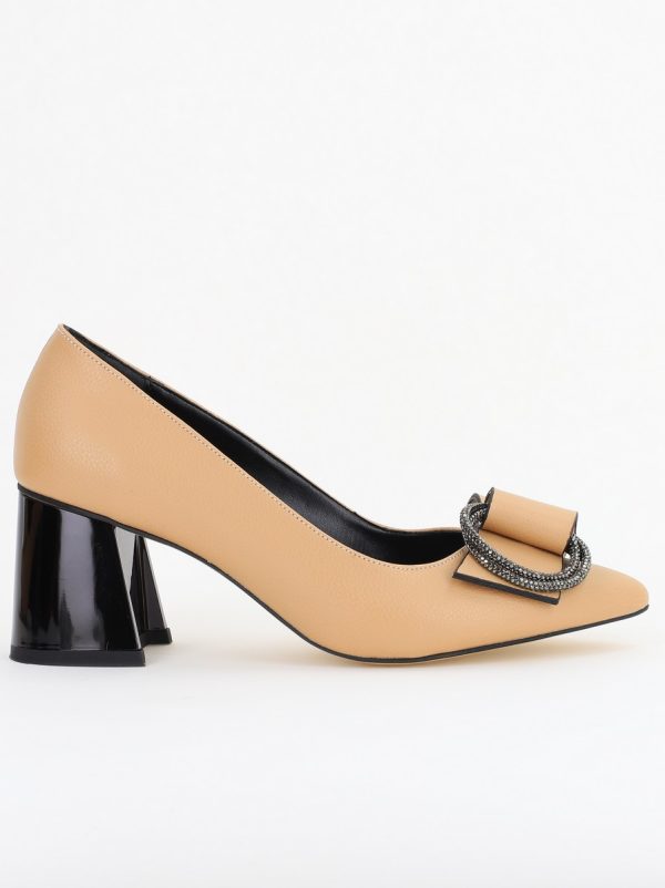 Pantofi Damă cu Toc Gros Piele Ecologică cu Pietricele Varf Ascutit culoare bej - BS4021AY2409890 121
