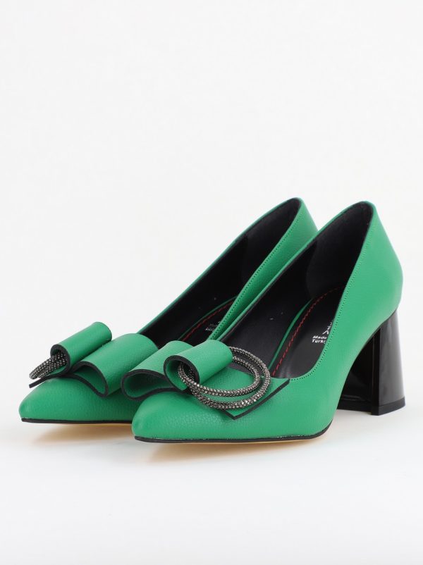 Pantofi Damă cu Toc Gros Piele Ecologică cu Pietricele Varf Ascutit culoare verde mat - BS4021AY2409891 119