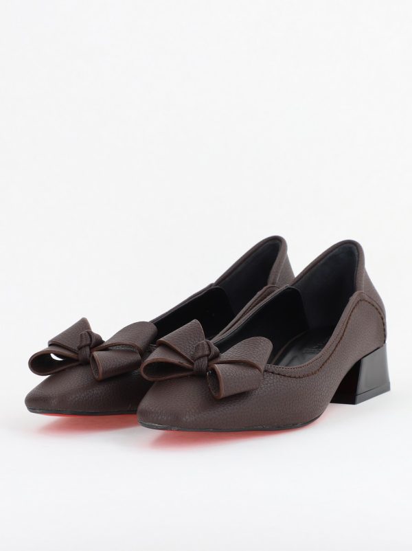 Pantofi Damă cu Toc Jos din Piele Ecologică cu fundiță  cafeniu mat (BS502D2409816) 119