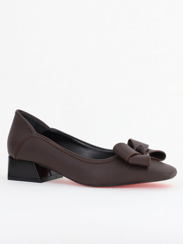 Incaltaminte Dama - Pantofi Damă cu Toc Jos din Piele Ecologică cu fundiță  cafeniu mat (BS502D2409816)