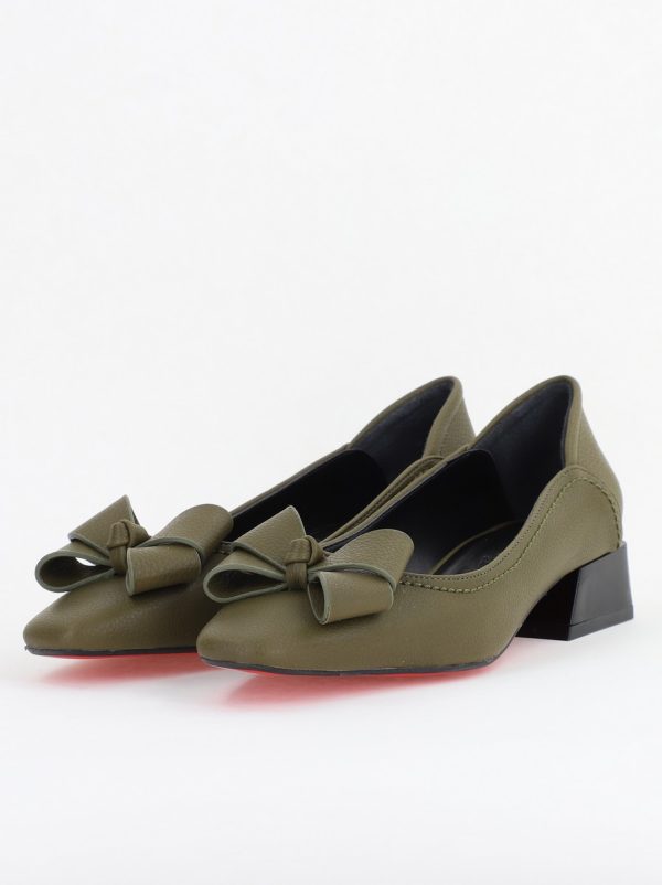 Pantofi Damă cu Toc Jos din Piele Ecologică cu fundiță verde kaki mat (BS502D2409815) 119