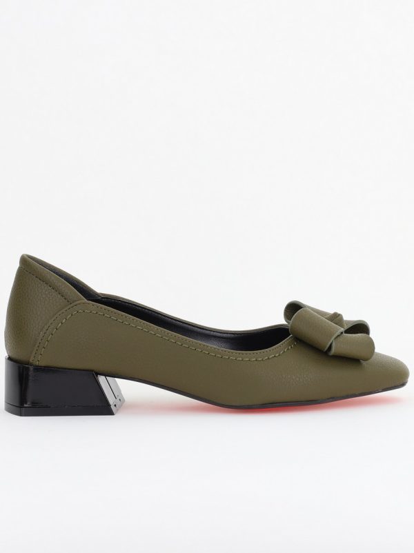 Pantofi Damă cu Toc Jos din Piele Ecologică cu fundiță verde kaki mat (BS502D2409815) 120