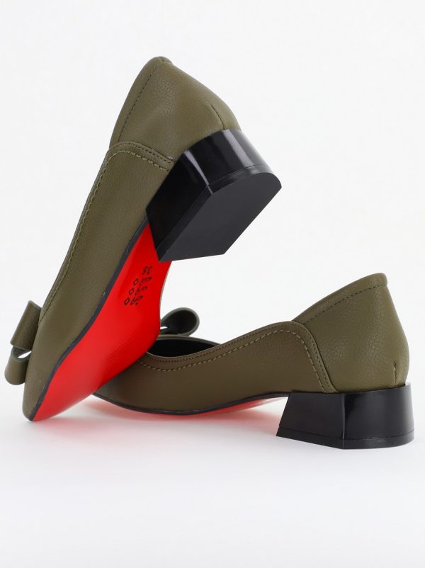 Pantofi Damă cu Toc Jos din Piele Ecologică cu fundiță verde kaki mat (BS502D2409815) 122