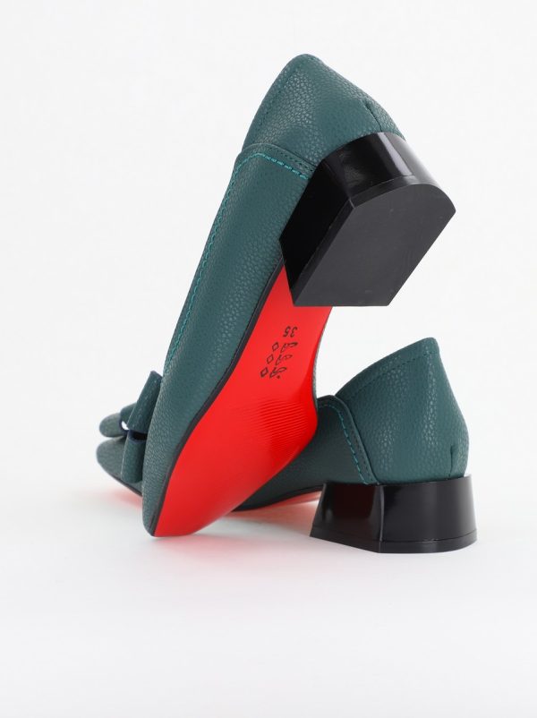 Pantofi Damă cu Toc Jos din Piele Ecologică cu fundiță verde petrol mat (BS502D2409814) 122