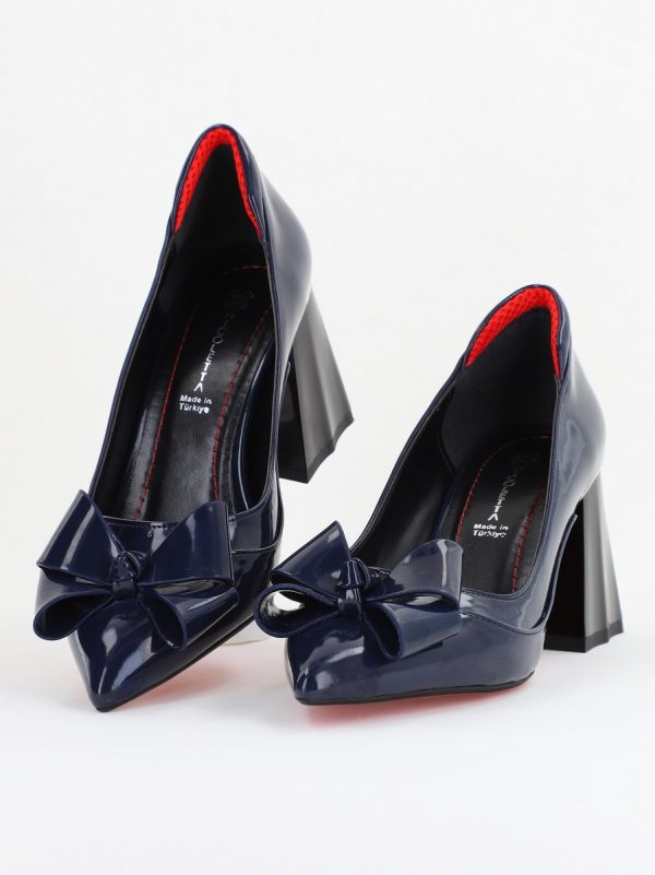 Pantofi Damă Eleganți cu Toc din Piele Ecologică cu Fundiță Bleumarin Lac (BS7332AY2410099) 119