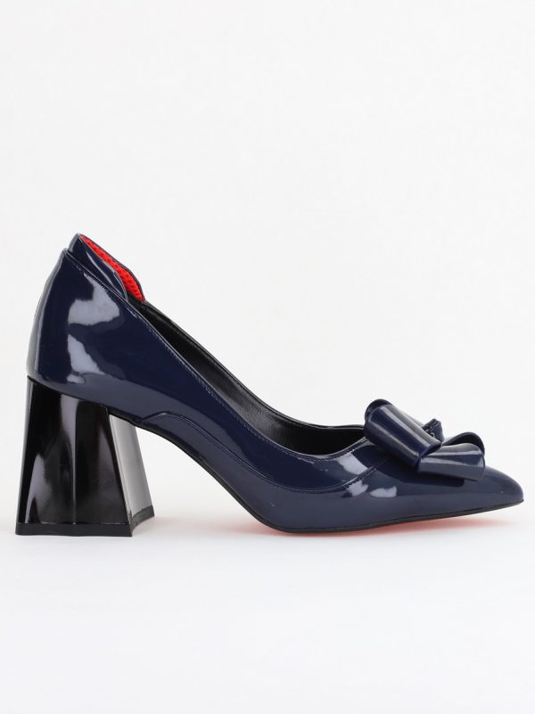 Pantofi Damă Eleganți cu Toc din Piele Ecologică cu Fundiță Bleumarin Lac (BS7332AY2410099) 120