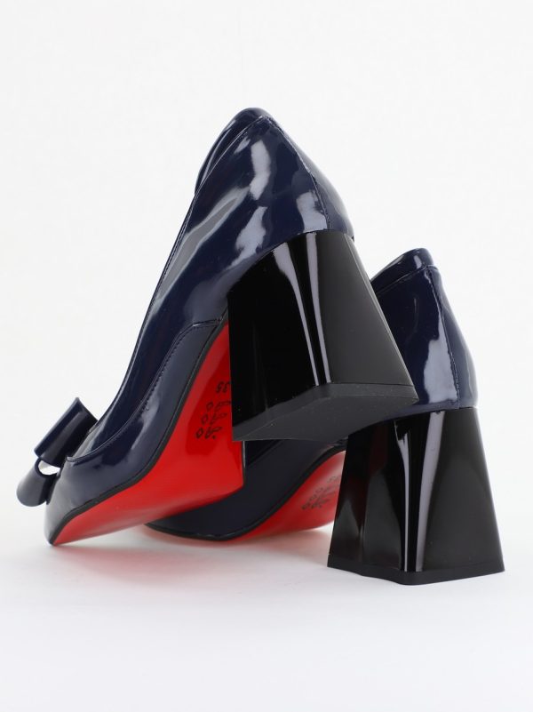 Pantofi Damă Eleganți cu Toc din Piele Ecologică cu Fundiță Bleumarin Lac (BS7332AY2410099) 122
