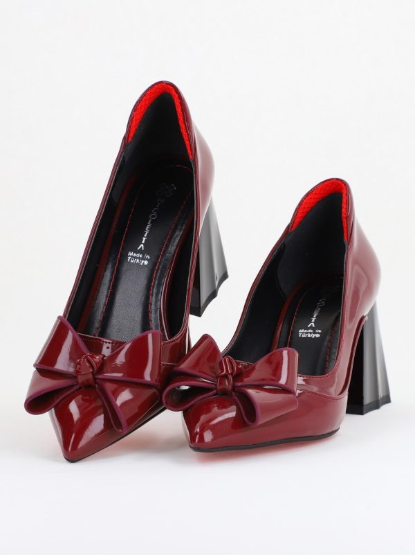Pantofi Damă Eleganți cu Toc din Piele Ecologică cu Fundiță Bordo Lac (BS7332AY2410098) 119