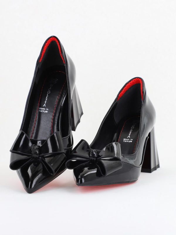 Pantofi Damă Eleganți cu Toc din Piele Ecologică cu Fundiță Negru Lac (BS7332AY2410103) 119