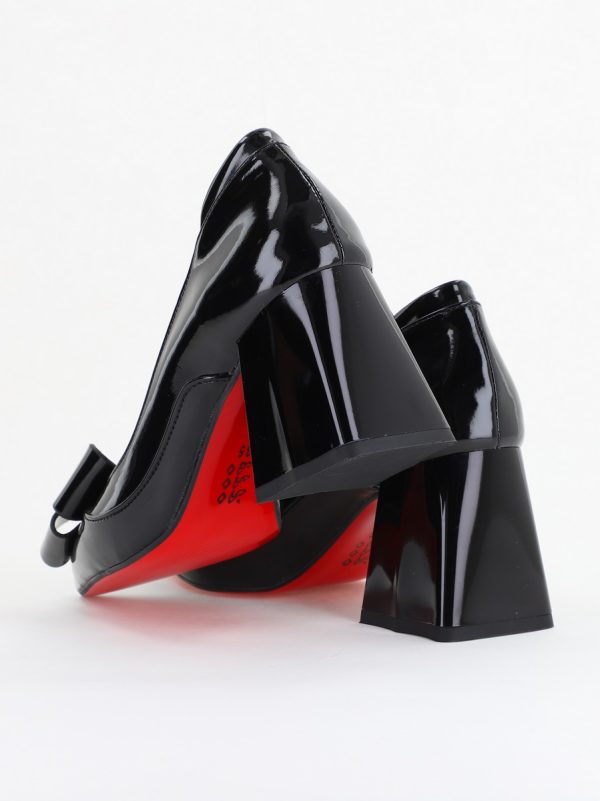 Pantofi Damă Eleganți cu Toc din Piele Ecologică cu Fundiță Negru Lac (BS7332AY2410103) 122