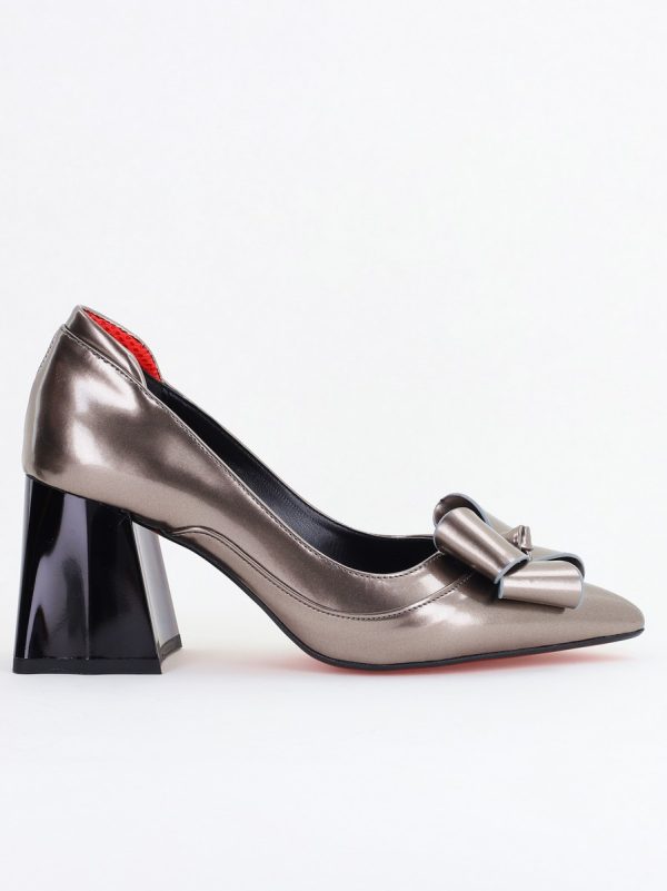 Pantofi Damă Eleganți cu Toc din Piele Ecologică cu Fundiță Platină Lac (BS7332AY2410102) 120