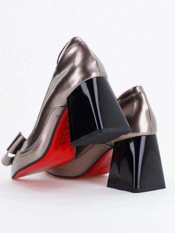 Pantofi Damă Eleganți cu Toc din Piele Ecologică cu Fundiță Platină Lac (BS7332AY2410102) 122