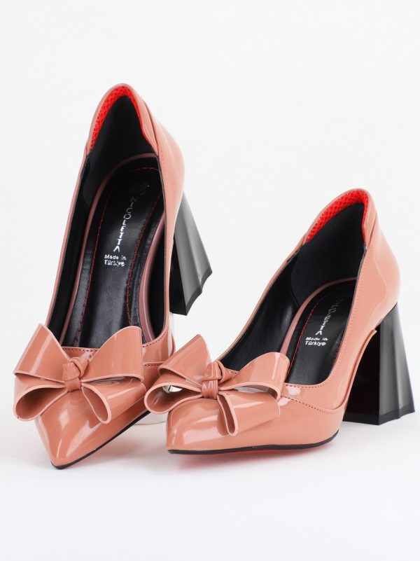 Pantofi Damă Eleganți cu Toc din Piele Ecologică cu Fundiță Roz Lac (BS7332AY2410100) 119