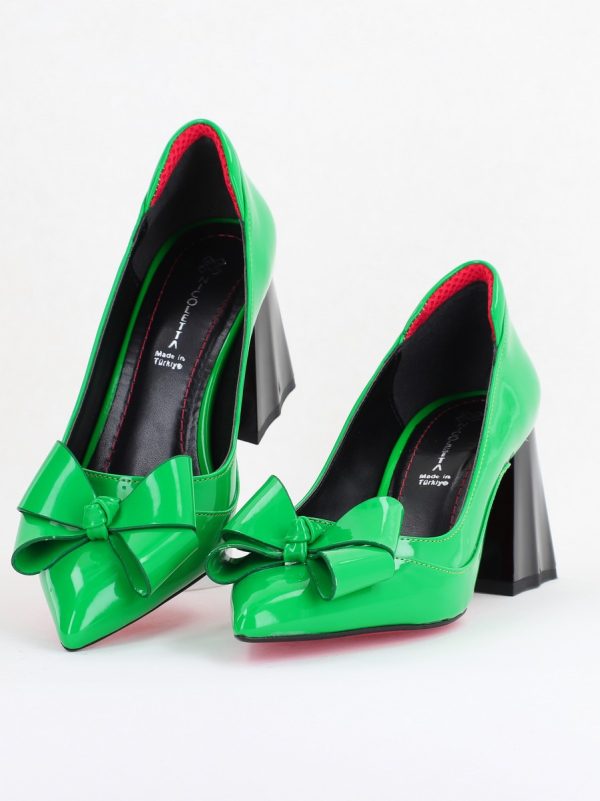 Pantofi Damă Eleganți cu Toc din Piele Ecologică cu Fundiță Verde Lac (BS7332AY2410101) 119